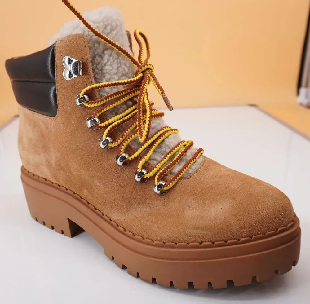Marc Fisher Nairy Brown Suede Shearling ankle boot size 8 biker Lug wool work